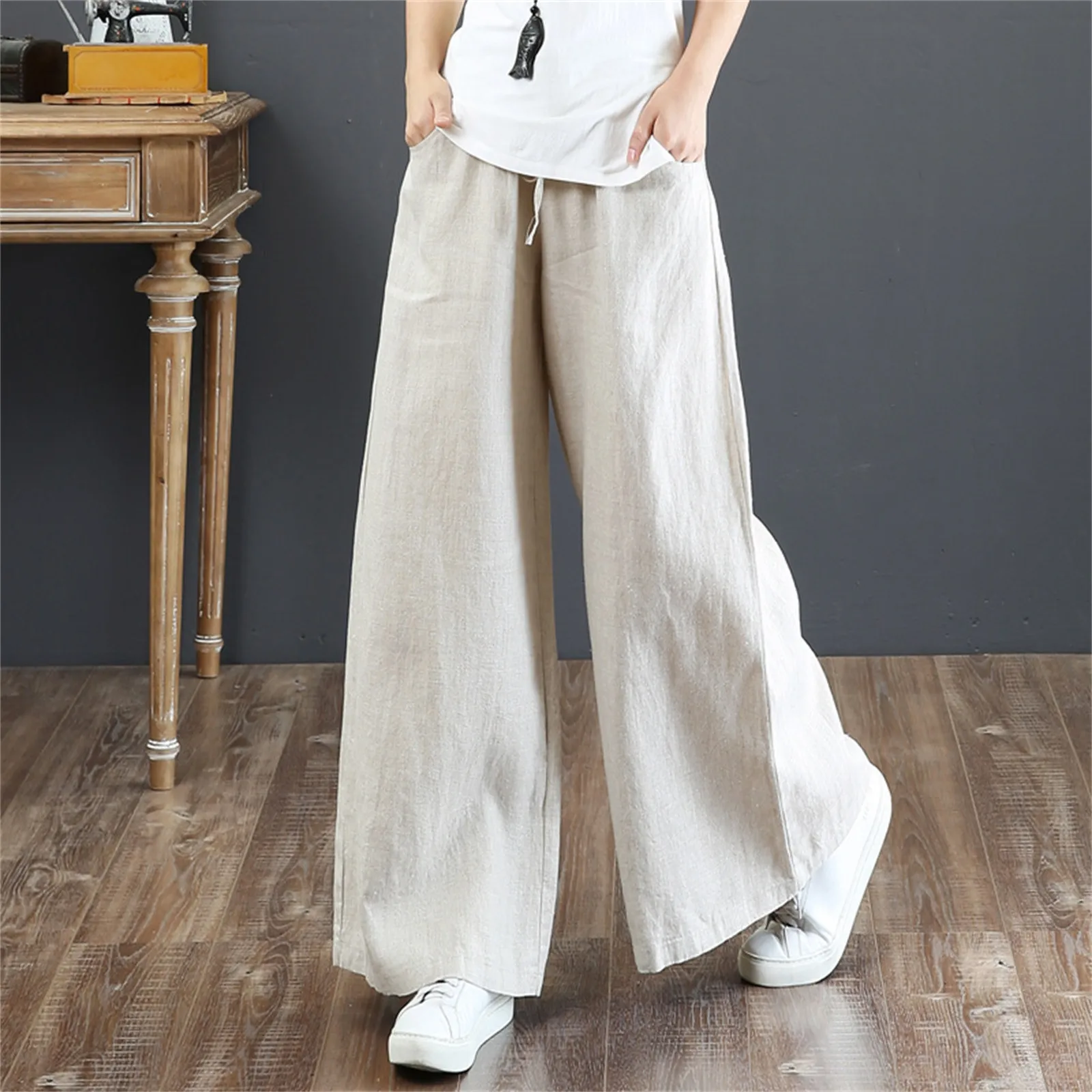 Women Summer Trousers Thin High Waisted Solid color Cotton Large Daily Pants Wide Leg Plus Size Long Pants With Pocket Elegant