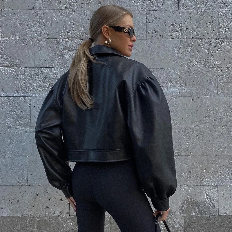 PU Leather Women's Short Jacket Fashion New Style Black Puff Sleeve Suit Collar Jacket Elegant Loose Casual Zipper Top Cool Coat