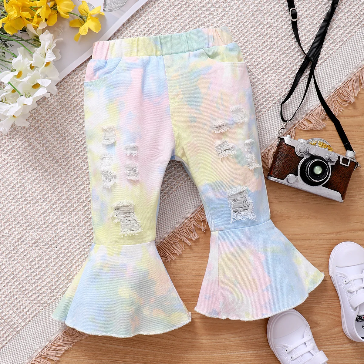 

2022 New Baby Clothes For Girls Toddler Fashion Jeans Infant Tie Dye Break Hole Long Flare Pants Children Multicolor Clothing