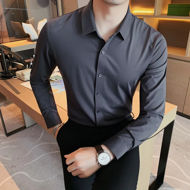 2022 Autumn New Solid Long Sleeve Dress Shirt Men Clothing Simple Slim Fit Casual Formal Wear Office Blouse Homme Hot Size S-4XL