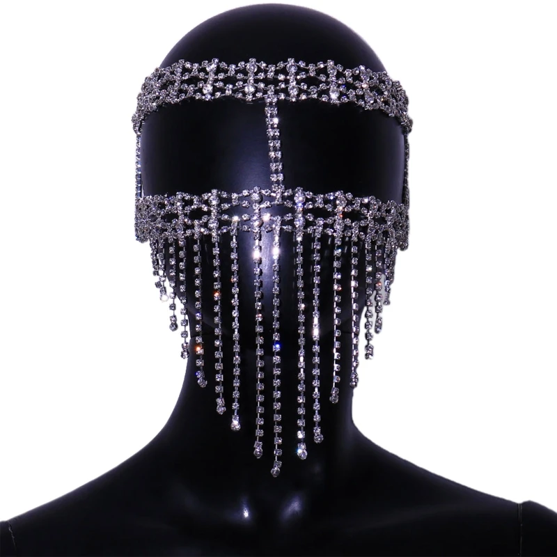 

Rhinestones Face Mask Sparkly Tassel Pendant Veil Mask Masquerade Hair Jewelry Crystal Headwear for Beach Party