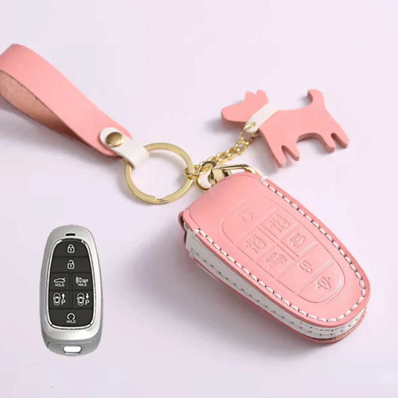 

Lady use Pink 7 Buttons Key Case Cover for Hyundai Sonata Tucson Santa Fe 2021 Leather Car Key Cover Case Fob Holder