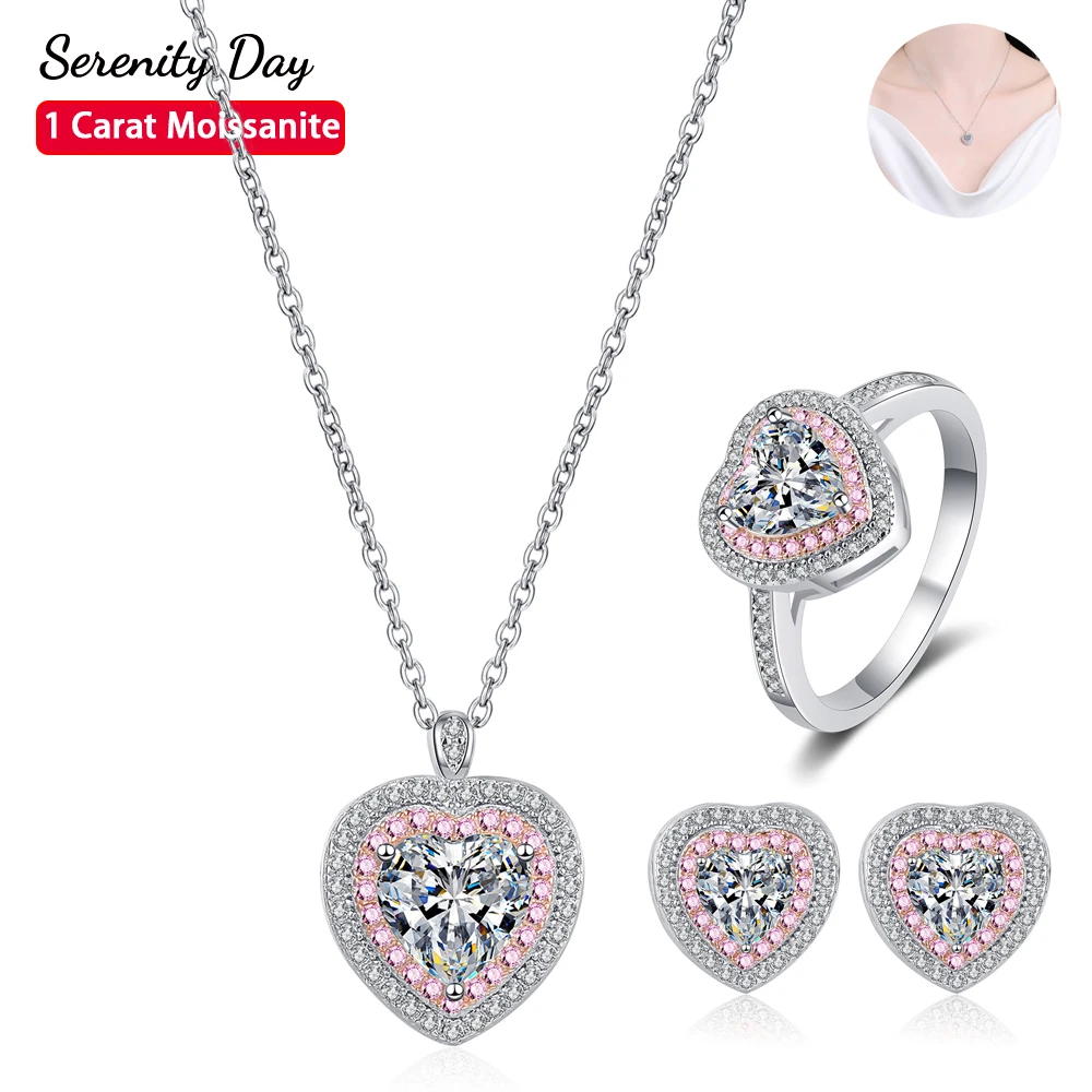 

Serenity Day Real D Color 1 Carat Moissanite Heart Pendant Necklace for Women S925 Sterling Silver Plate Pt950 Set Fine Jewelry