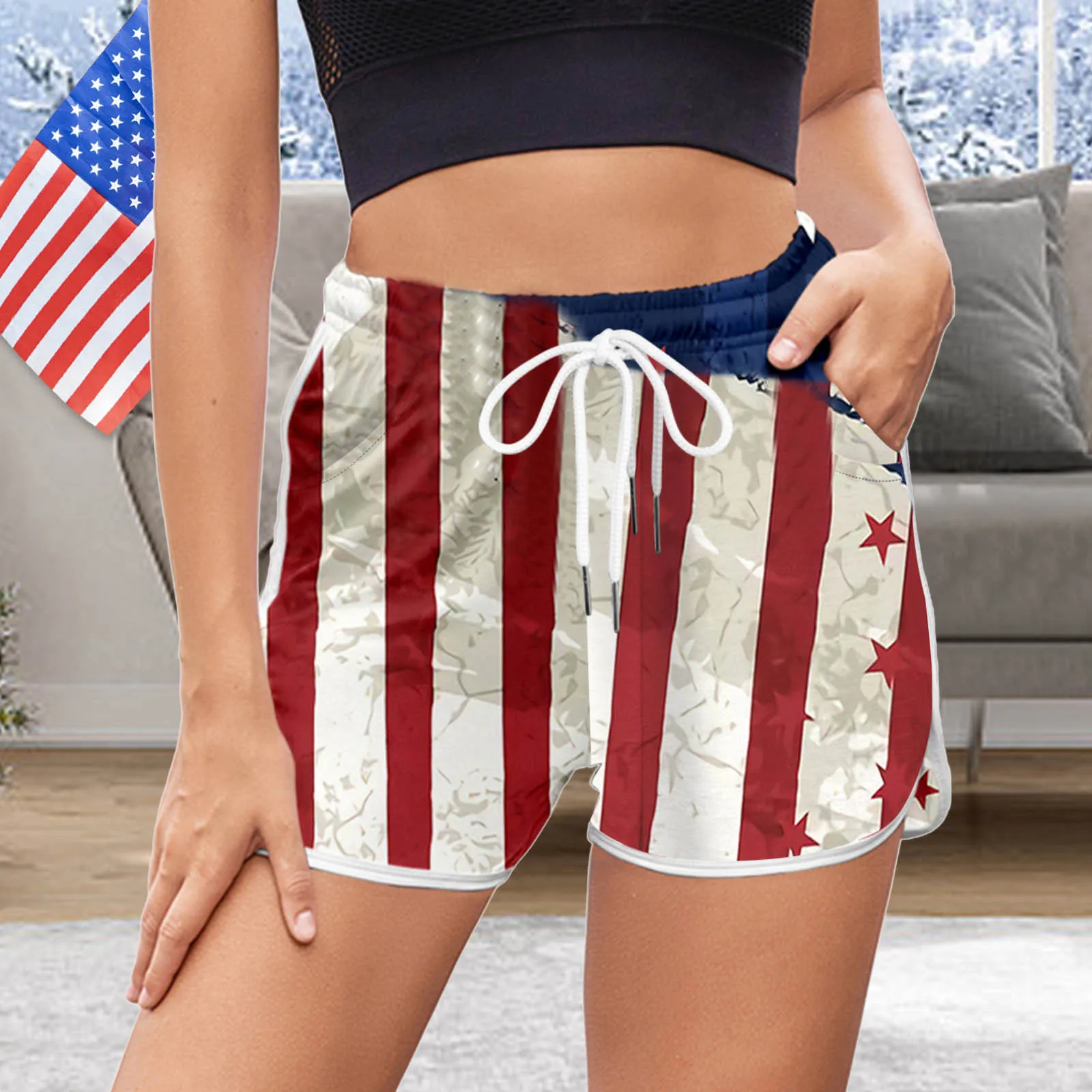 

Gym Running Pockets Women Shorts Independence Day Star Striped Print Casual Sports Loose High Waist Drawstring Wide Leg Short 3
