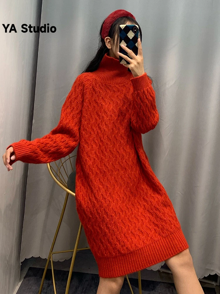 

Новинка Осень-зима 2023, женский свитер [YA Studio] с высоким воротником, свободная однотонная трикотажная Толстая рубашка средней длины с напуском