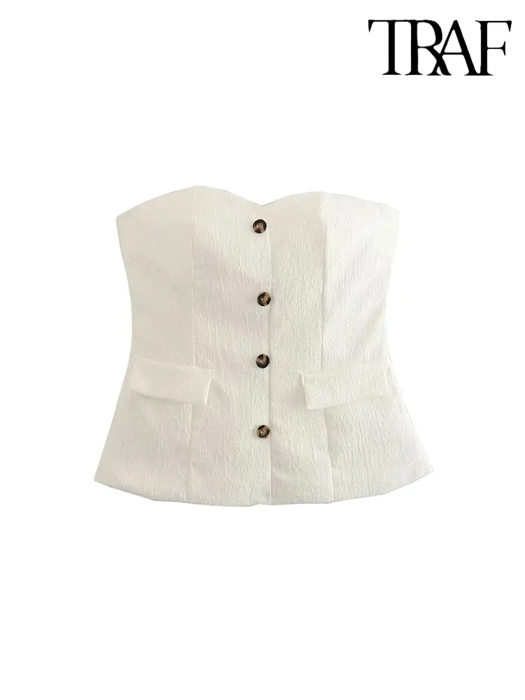 

Летняя женская жаккардовая блузка без бретелек TRAF 2023, Женская однобортная рубашка, повседневные облегающие топы с боковой молнией