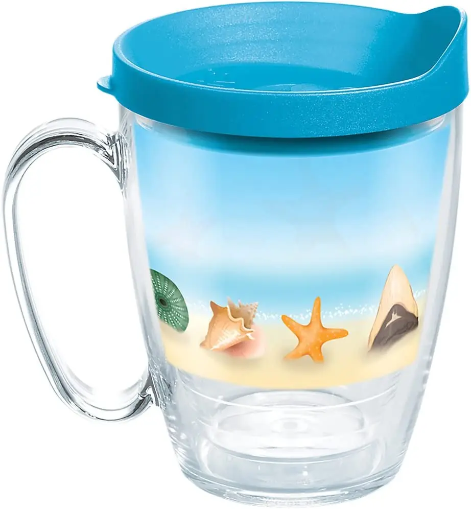 

Mug 473 with turquoise Shells on the Beach wrap and lid, transparent