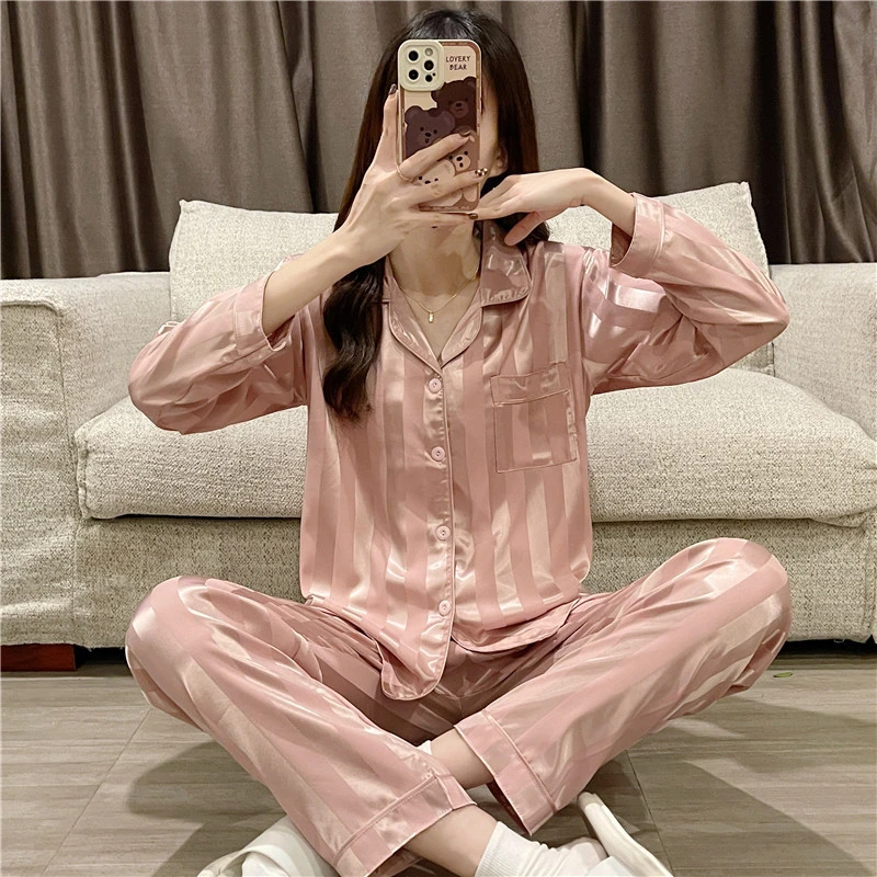 Pajamas women's spring and autumn long-sleeved jacquard vertical strips ice silk pink striped home service 2-piece suit