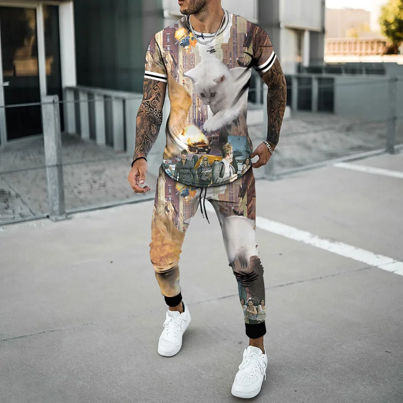 Summer New 3D Printed Funny Animal Breathable Oversized Unisex O Neck T-Shirt Suit Harajuku Streetwear Men Women Trousers Set