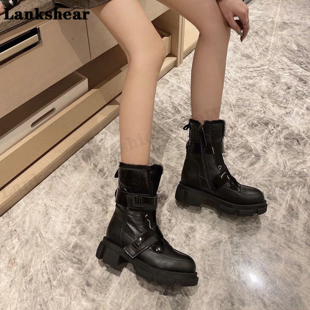 2022 New Thick Bottom Wool Mid-Tube Boots Female Leather British Windmill Boots Plus Velvet Snow Boots Wool Thermal Boots