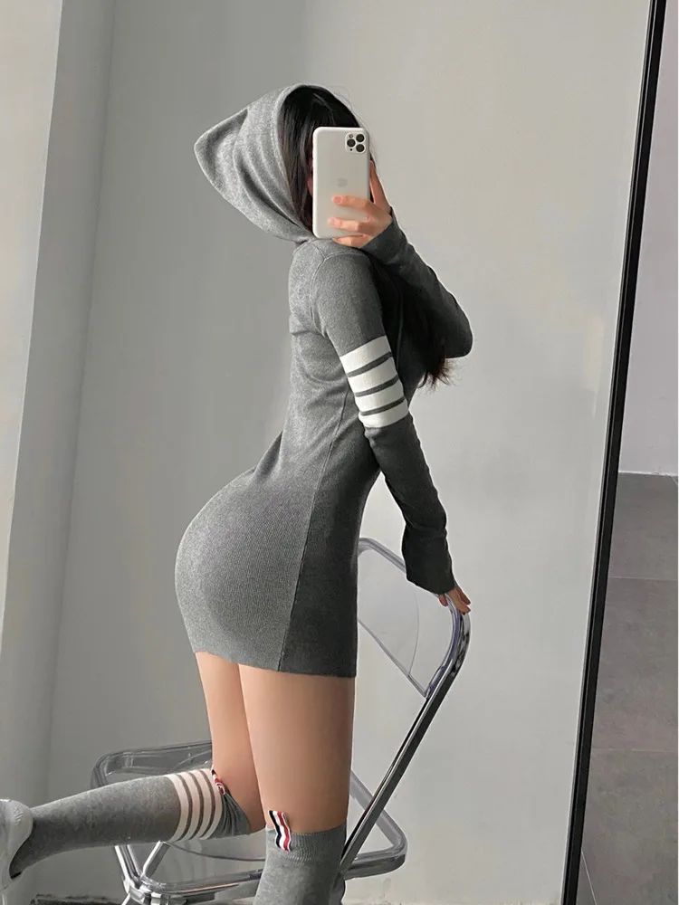 

WOMONGAGA Pure Girl Style Drawstring Hooded Long Sleeve Mini Dress Sexy Elastic WaistSailor Collar Short Women's RUKW