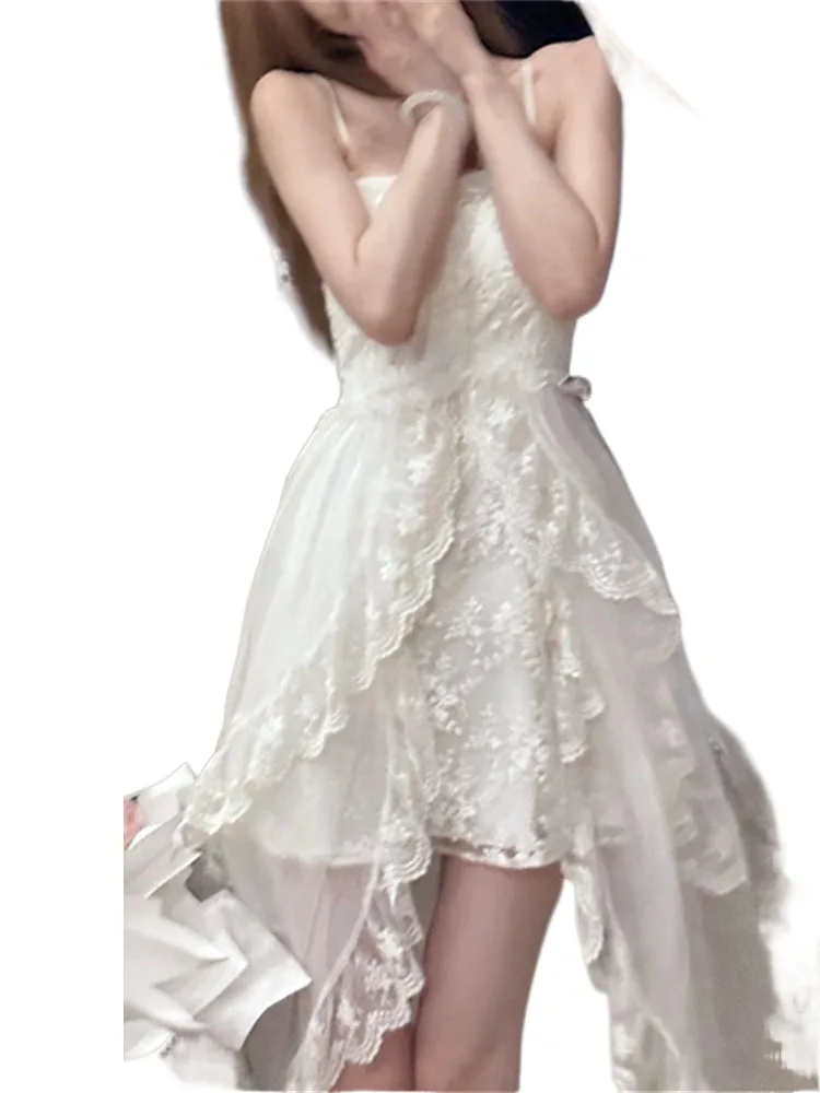 

Spaghetti Strap Dress for Women 2023 New Fashion Fairycore Asymmetrical Lace Midi Dress Elegant Chic White Dress Women