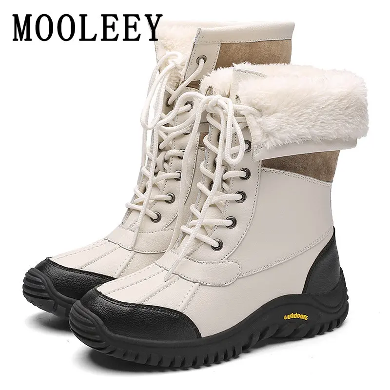 Купи Women's Mid-calf Snow Boot Waterproof Leather Thick Plush Outdoor Boot Anti-Skid Outdoor Ski Hiking Winter Shoe Large Size 36-42 за 1,200 рублей в магазине AliExpress