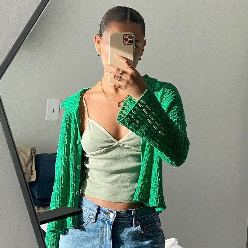 

y2K Women's Knit Cardigan Solid Color Knitted Crochet Pattern Lapel Long Sleeve Buttons Sweater Coats Streetwear