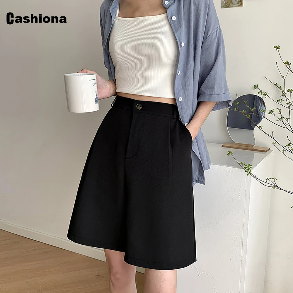 Kpop Style 2022 Stand Pocket Shorts Woman High Cut Wide Leg Shorts Women Casual Half Trouser Solid Loose Knee Length Pants Femme