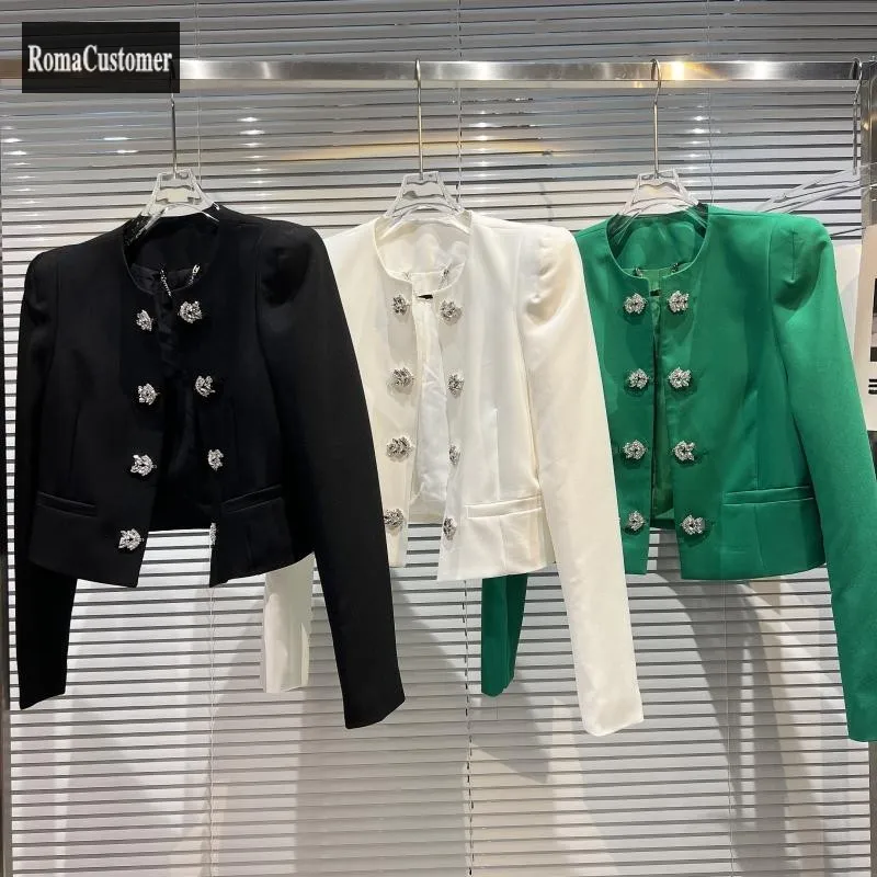 

Spring Womens New Fashion Suits Jackets O-Neck Single Breasted Blazer Trend Temperament Female Straight Puff Sleeve Outerwear