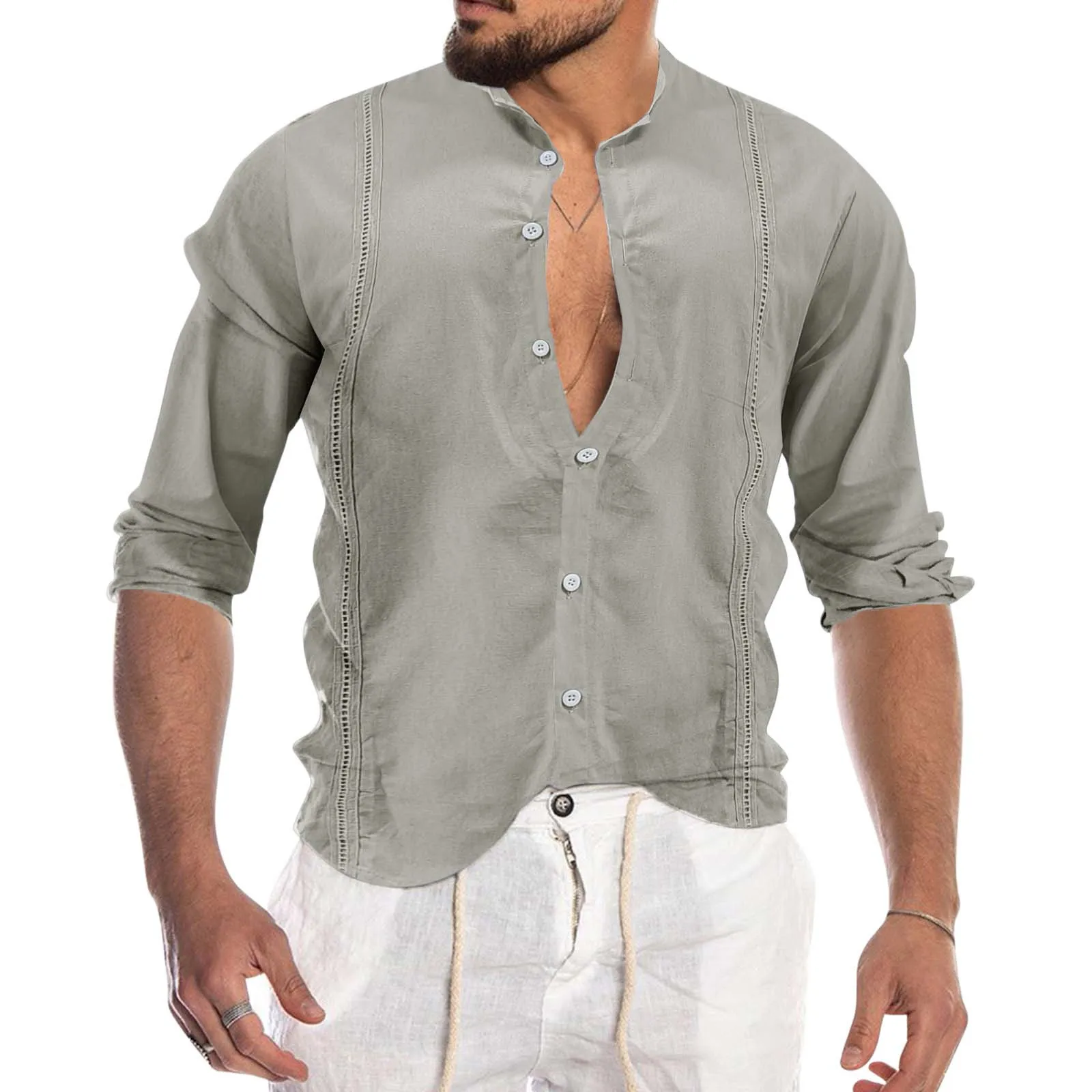 

Мужская повседневная Осенняя рубашка с поясом и воротником-стойкой, рубашка с длинным рукавом и пуговицами, блузка, пуховая футболка