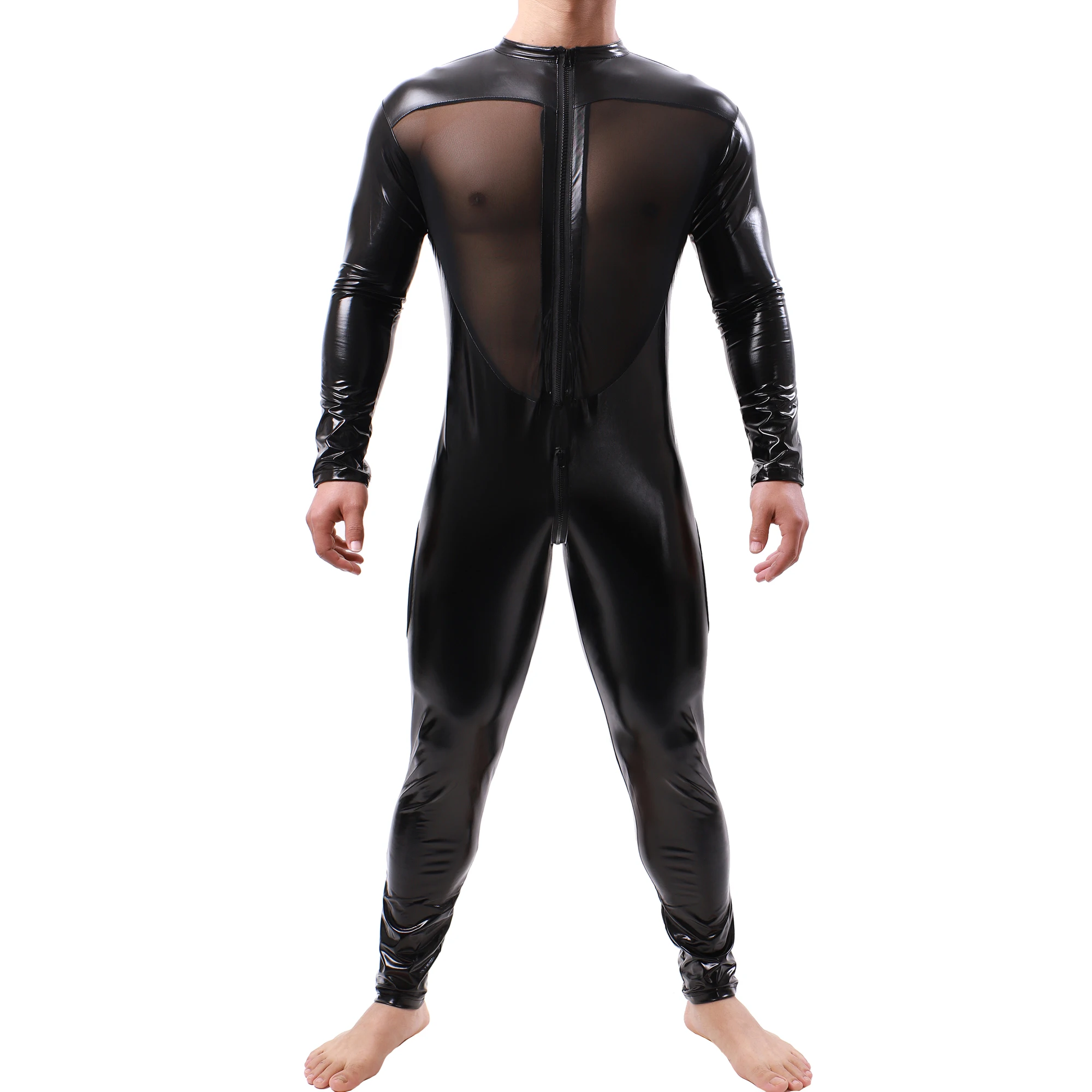 3XL Patent Leather Mens Sexy Long Sleeves Zipper Open Crotch Catsuit Zentai Jumpsuit Party Wear Pant Bodysuit Overalls Plus Size images - 6