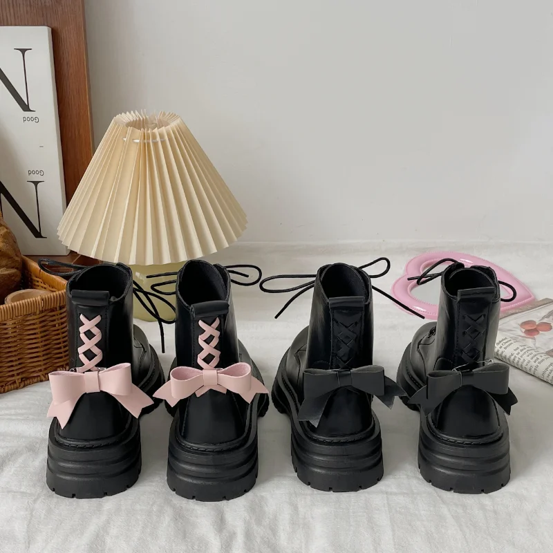 

BKQU Women's 2022 Spring and Autumn New Bow Fashion Cute All-match Fairy Style Round Head Lace-up Non-slip Short women Boots