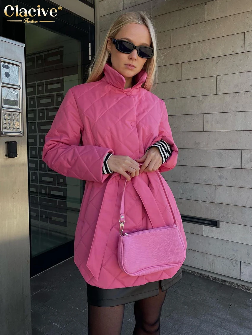 Clacive Winter Coat For Women Fashion Warm Single Breasting Long Sleeve Coats Elegant Loose Lace-Up Jacket Female Clothing 2023