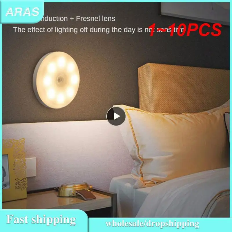 

1~10PCS Rechargeable Round Motion Sensor Night Lights Under Cabinet Light Closet Lamp Kitchen Bedroom Decoration