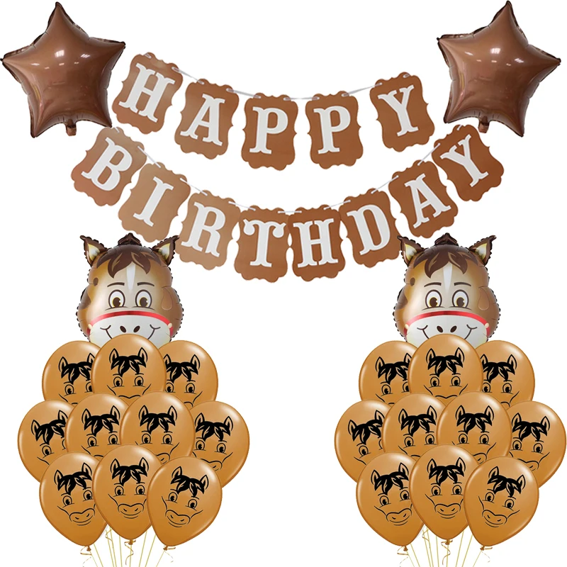 1set Brown Neddy Donkey Pet Farm Balloons Coffee Banner Happy Birthday Decoration for Animal Theme Party Kid Supplies - купить по