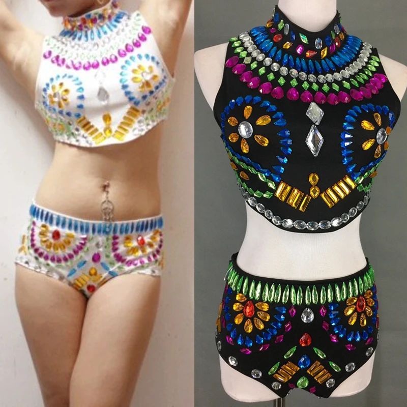

Colorful Rhinestones White Black Sequins Vest Shorts Women Pole Dance Clothing Nightclub Dj Ds Rave Clothes Stage Outfit XS5391
