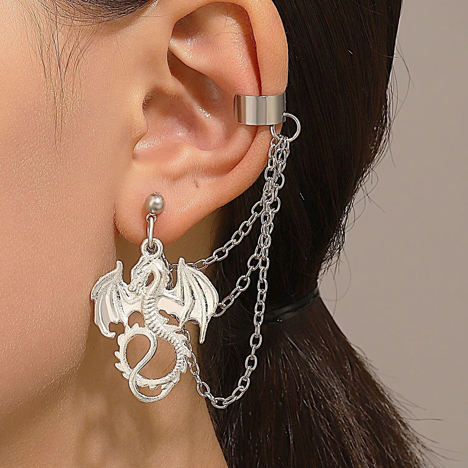 

Flying Dragon Ear Hanging Punk Alloy Long Chain Dragon Shaped Earrings For Women Trendy Body Jewelry Accessories