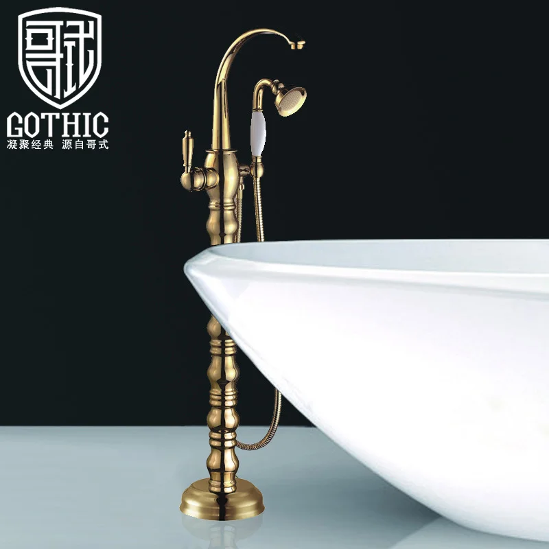 

Bathroom Bathtub Faucet All-copper European Retro Style Gold-plated Shower Faucet Golden Floor Stand Bath Mixer Rain Shower Set