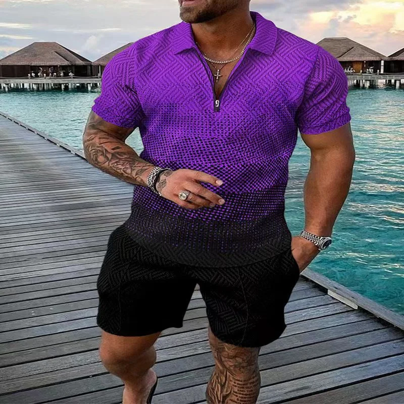 

New Men's Polo Suits Fashion Men's Suits Mesh Print 2022 Streetwear V-Neck Short Sleeve Polo Shirts and Shorts Men's Casual Fitn