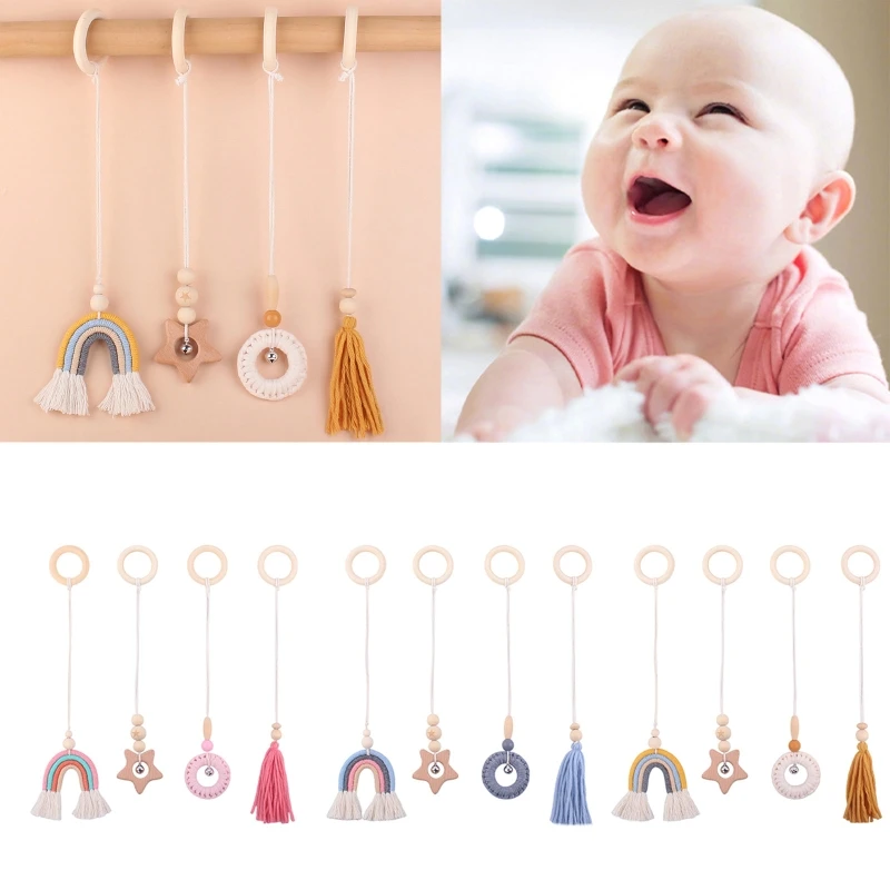 

Q1FE 4 Packs Wooden Baby Gym Hanging Toy Baby Sensory Teething Toys Baby Play Activity Gym Toys to Hang Newborn Gift