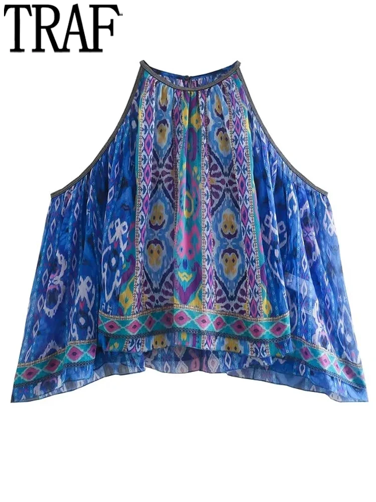

TRAF Blue Printed Halter Top Female Asymmetrical Boho Crop Top Women Off Shoulder Sexy Summer Tops Woman Vintage Chiffon Blouse
