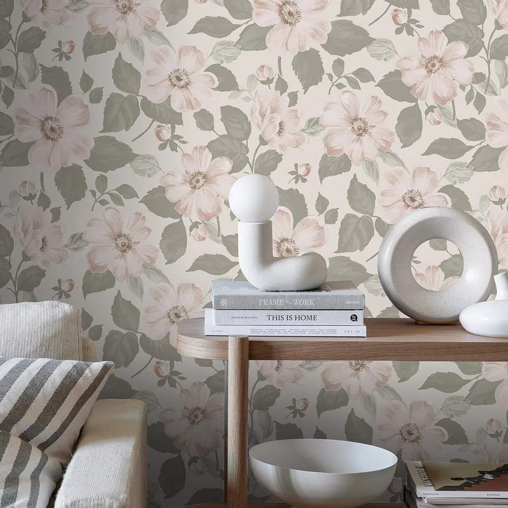 

Pink Flower Self Adhesive Wallpaper Green Leaf Watercolor Peel and Stick Wallpaper Waterproof Removable Contact Paper
