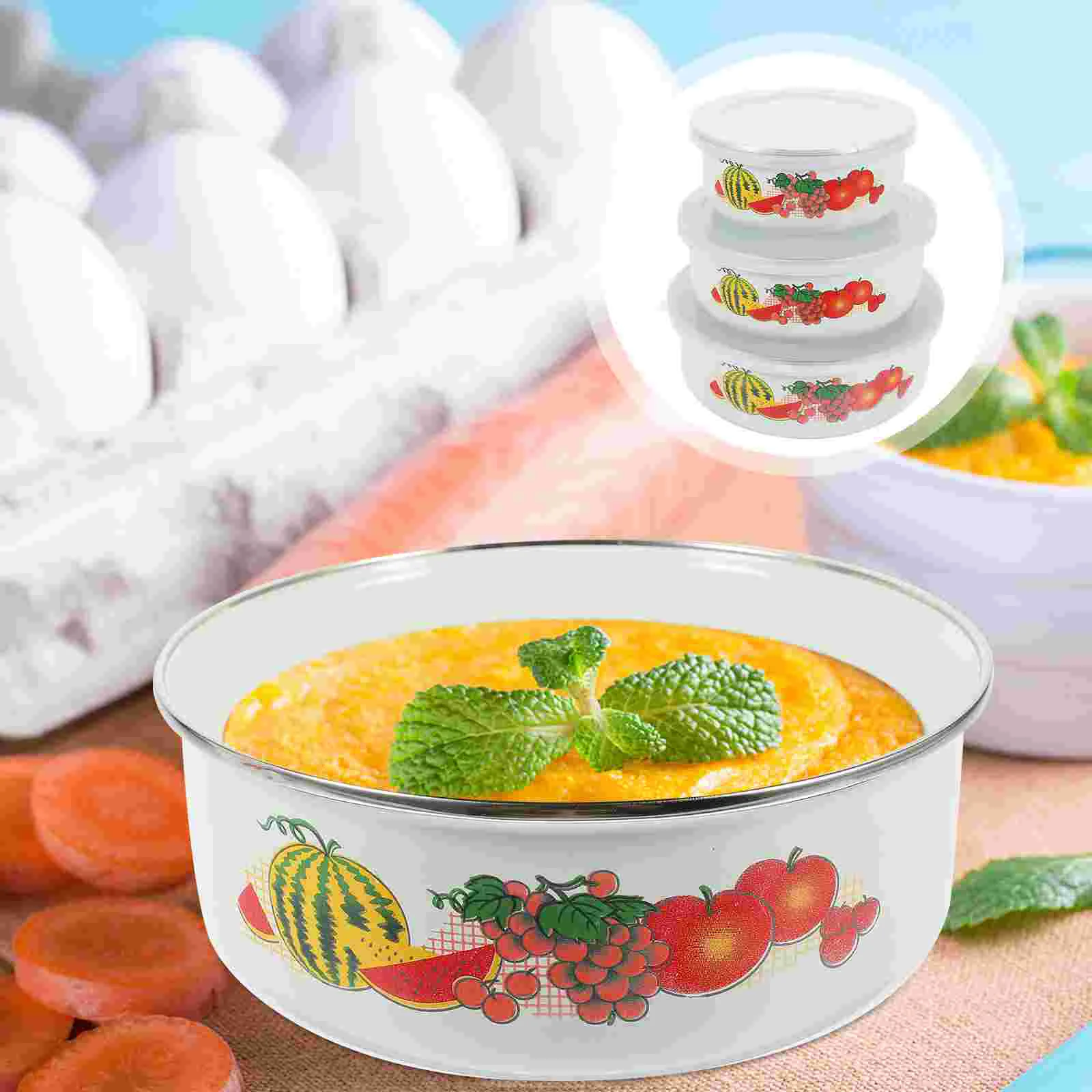 

3 Pcs Fresh-keeping Enamel Bowl Multifunctional Salad Bowls Office Worker Lunch Container Fridge Containers Food Storage Fruit