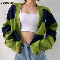 womens blocking short knit sweater for 2022 v neck button striped stitching sweater commuter long sleeved top