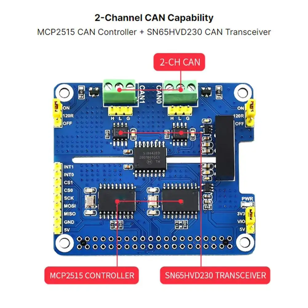 Двухканальный изолированный чип расширения Can Bus Waveshare Raspberry Pi Mcp2515 Sn65hvd230 плата с