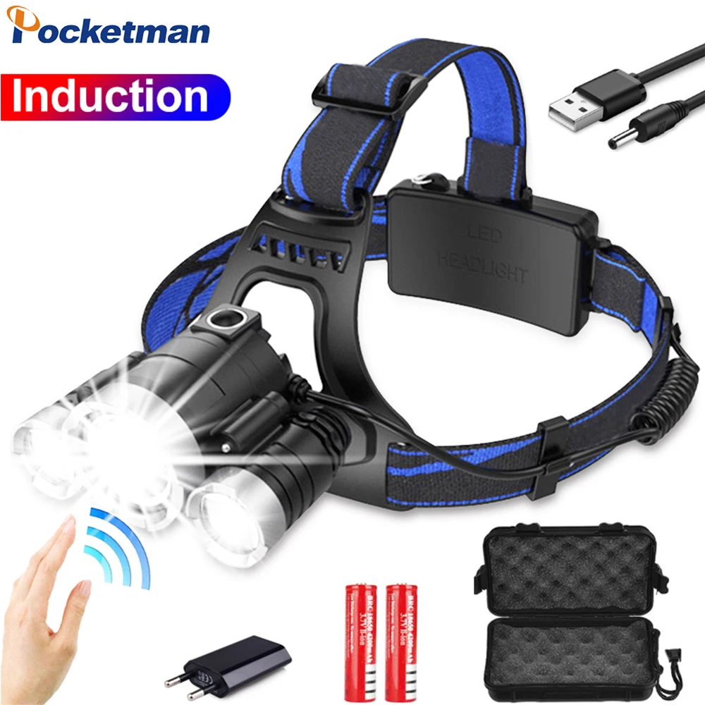 

Светодиодный налобный фонарь с перезаряжаемым датчиком движения, регулируемая головная повязка, уличный водонепроницаемый головной свети...