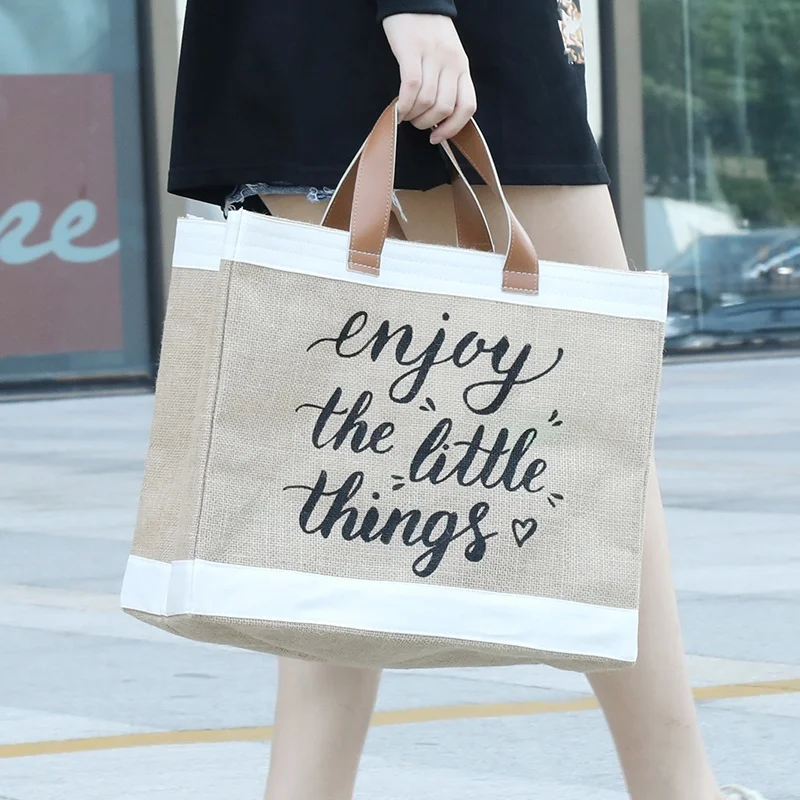 

Splicing Tote Bag Natural Jute Environmental Protection Cloth Large-capacity Shopping Bag Casual Retro Literary Shoulder Bag