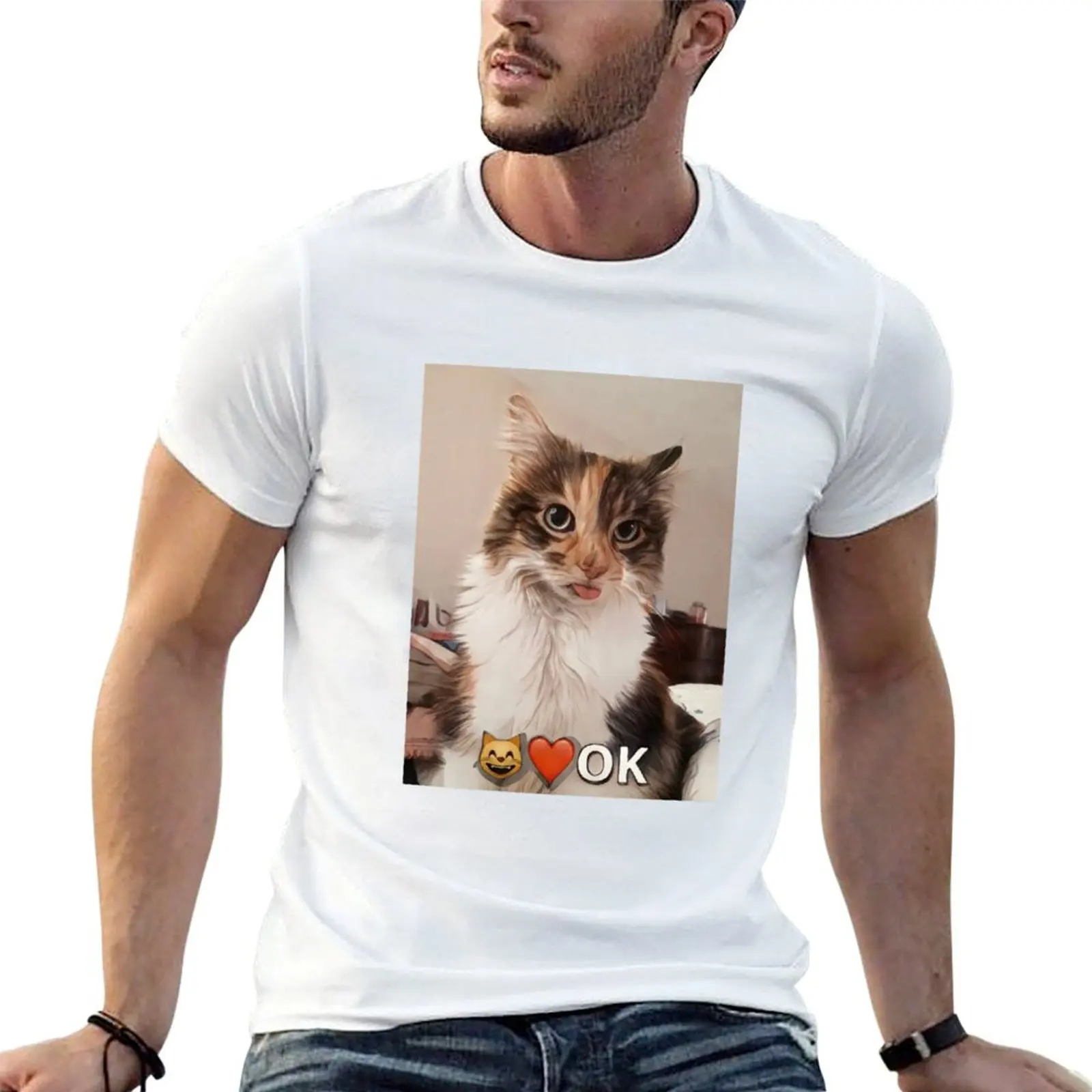 Фото Футболка с мультяшным дизайном Silly OK Cat, изображающая кота, который высунул язык, мужская футболка, 100% хлопок, базовая футболка, футболка №1