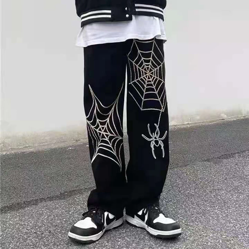 New Vibe Style Ripped Oversize Loose Denim Trousers StreetwearSpider Web Embroidery Straight Casual Jeans Pants Men and Women