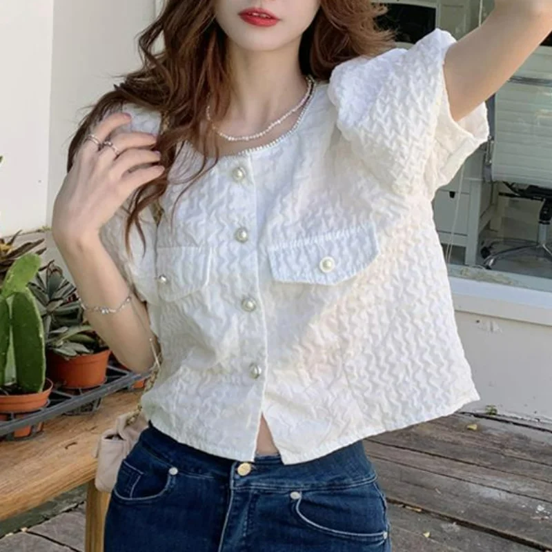 

Summer French Chic O Neck Solid Color Puff Sleeve Design Sense Shirts Single-breasted Blouses Elegant Blusas Mujer De Moda 2023