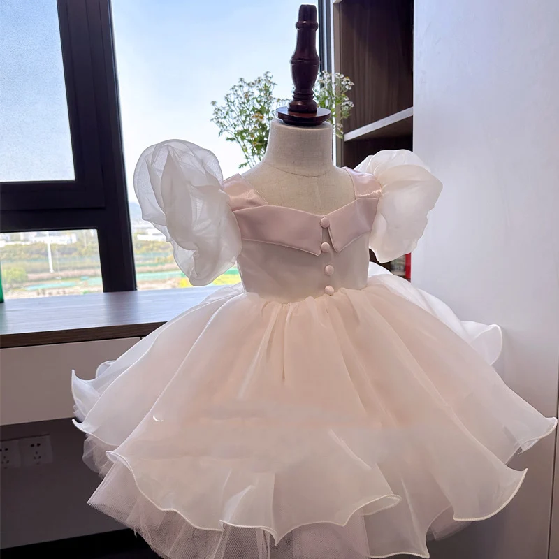 Розовое детское платье принцессы с длинными рукавами сетчатое для маленьких