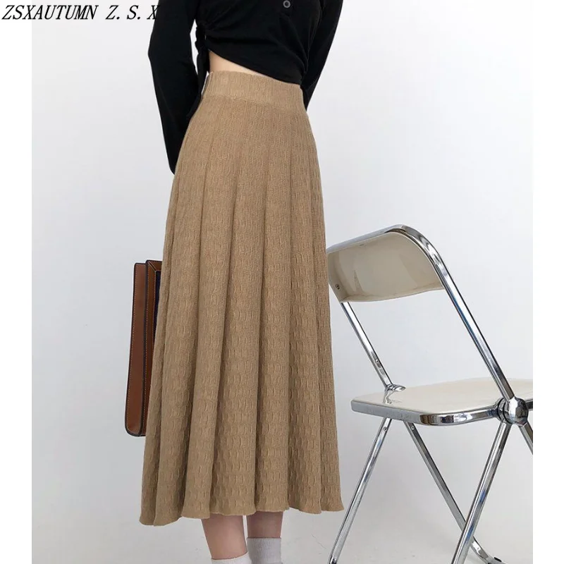 

Женская трикотажная юбка с завышенной талией, свободная трапециевидная плиссированная юбка в винтажном стиле на осень и зиму