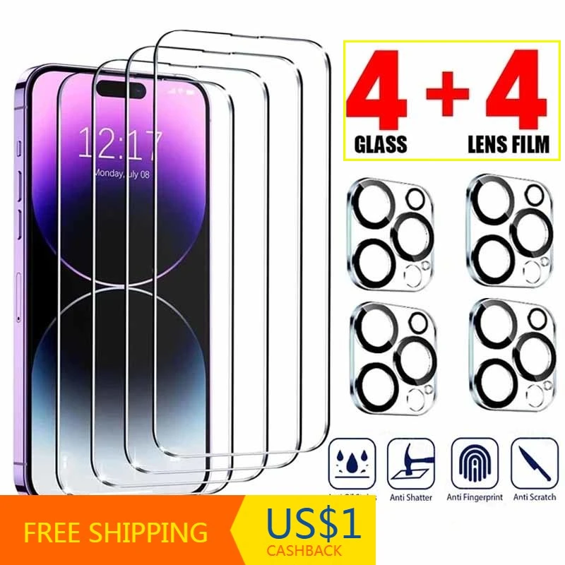 4 + закаленное стекло для IPhone 16 15 14 13 12 11Pro Max 7 8 Plus Защита экрана X XS XR пленка