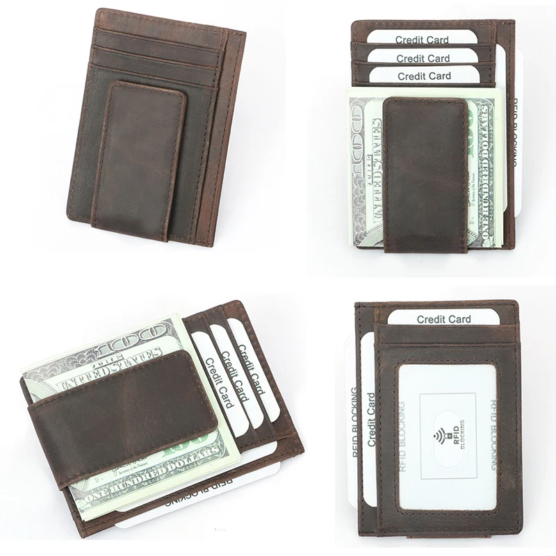 Mens RFID Safe Money Clip Front Pocket Wallet Minimalist Leather ID Card Holder with Super Strong Magnetic Clip Slim Card Wallet
