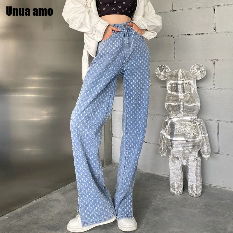 Baggy Ripped Jeans Woman High Waist Wide Leg Pants Streetwear Chic Hollow out Jacquard Denim Trousers for Women Casual 2023