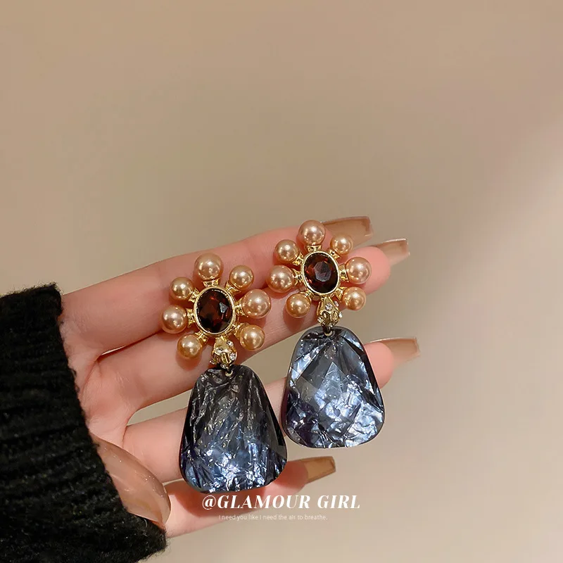 

S925 Silver Needle Blue Retro Geometry Rhinestone Dripping Oil New Trendy Temperament Net Red Earrings Women's Jewelry Bohemia