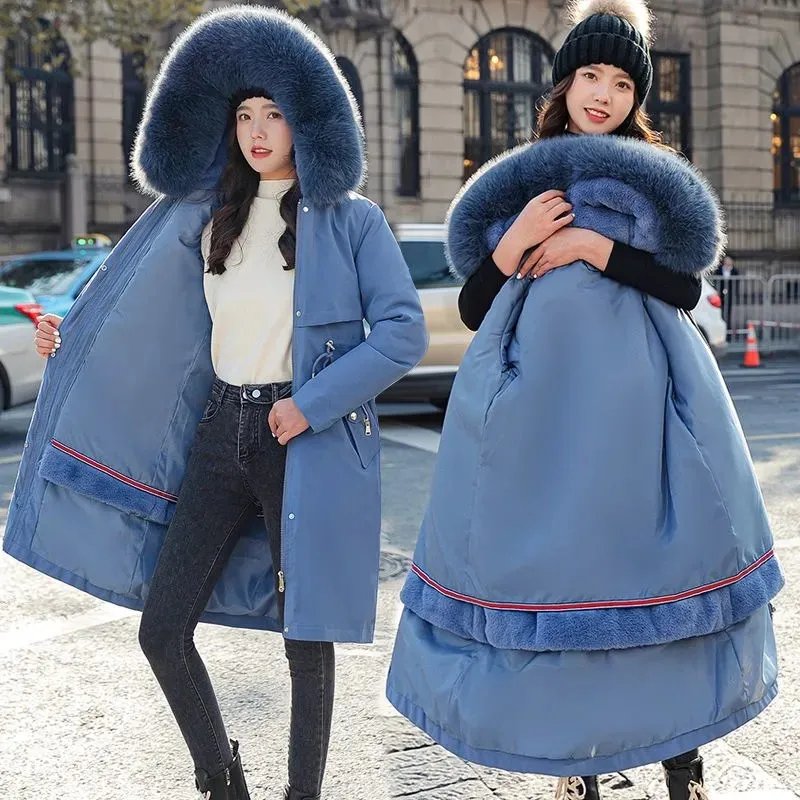 Winter Women's Parka Big Fur Collar Detachable Double Thick Lining Slim Waist 2022 New Jacket Mid long Casual Cotton Padded Coat