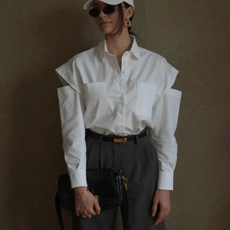 

Summer Autumn Elegant Shirt Top for Women 2023 Y2K INS Clothes Hollow Out Long Sleeve Turn Down Collar Pocket T-shirt