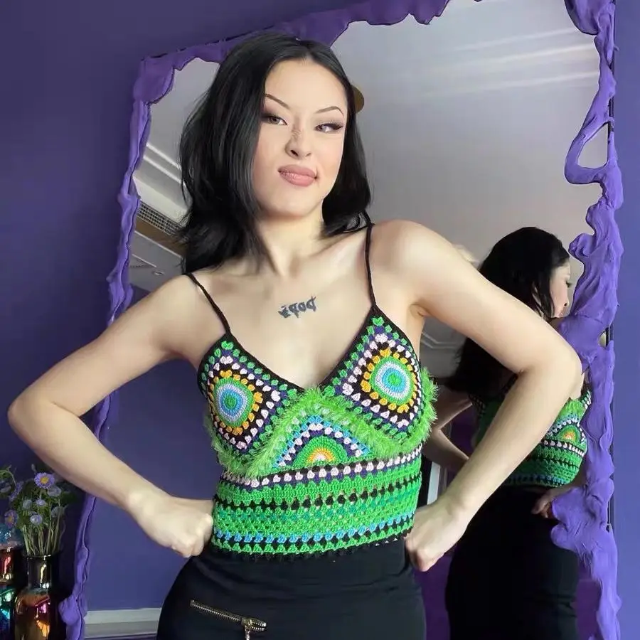 

Летние вязаные подтяжки ручной работы бабушка клетчатый цветок крючком дизайнерские короткие подтяжки Топ шикарный бохо